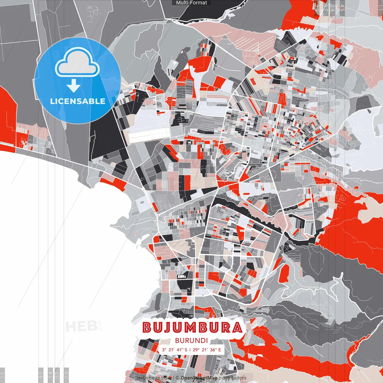 Bujumbura, Burundi - modern street map poster template with gray and red tones