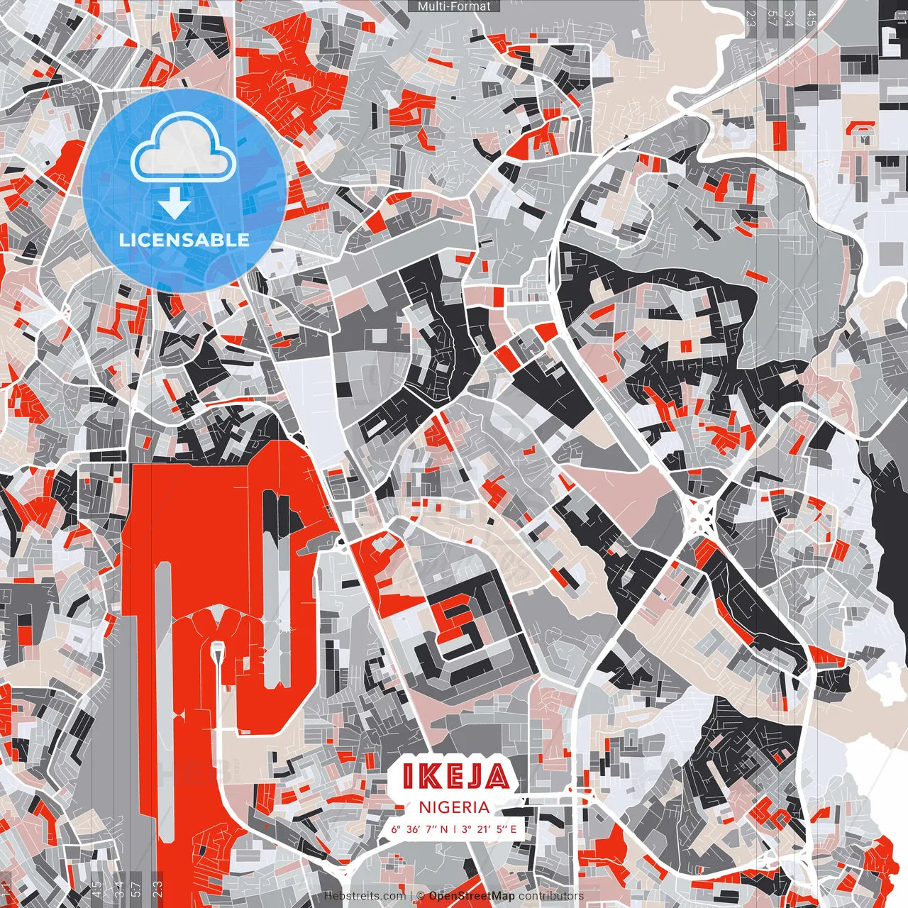 Ikeja, Nigeria - modern street map poster template with gray and red tones