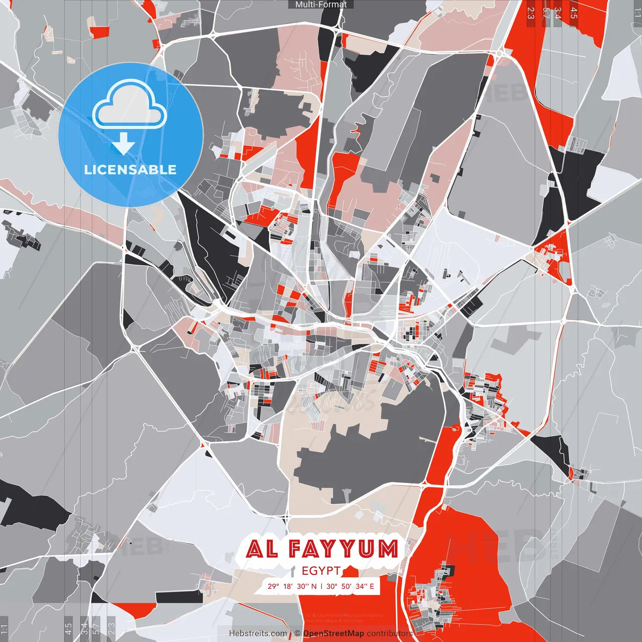 Al Fayyum, Egypt - modern street map poster template with gray and red tones