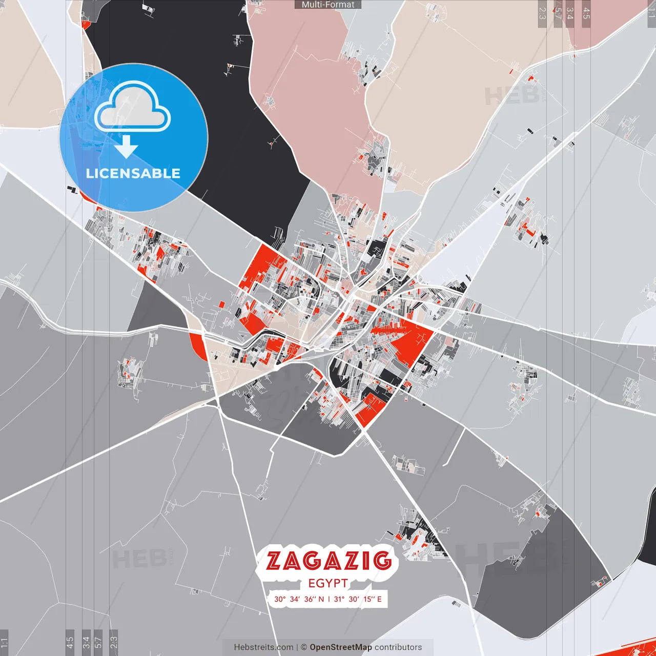 Zagazig, Egypt - modern street map poster template with gray and red tones