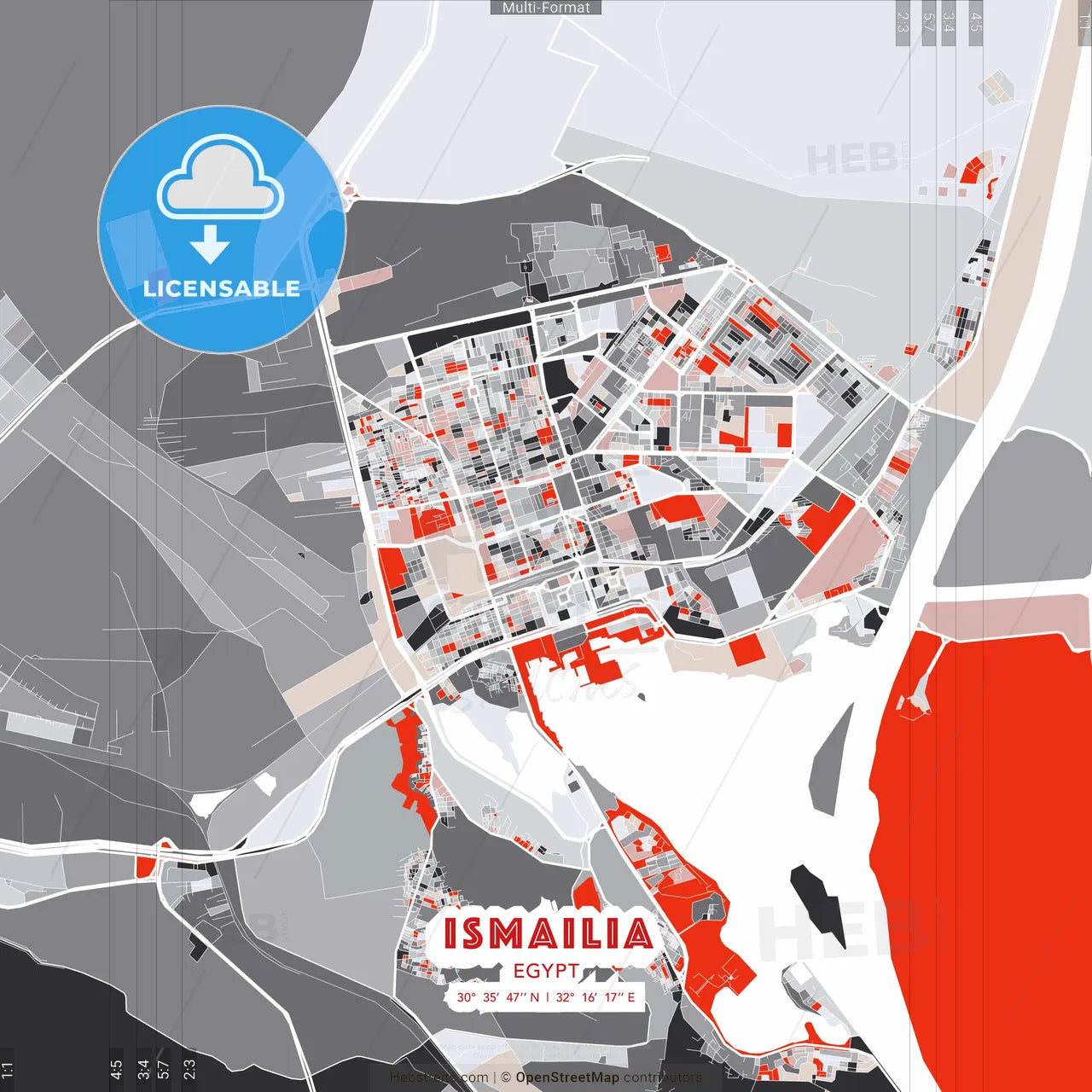 Ismailia, Egypt - modern street map poster template with gray and red tones