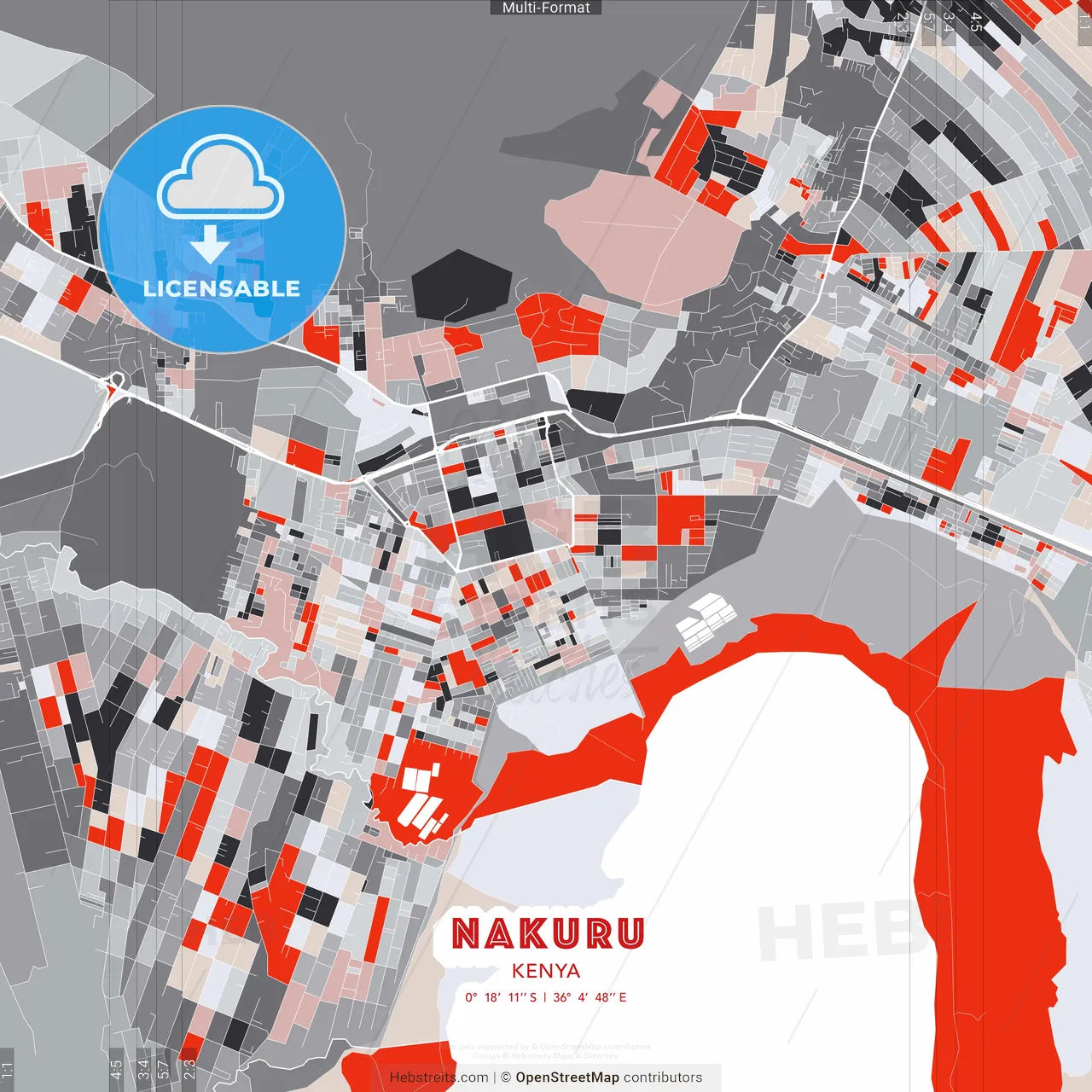 Nakuru, Kenya - modern street map poster template with gray and red tones