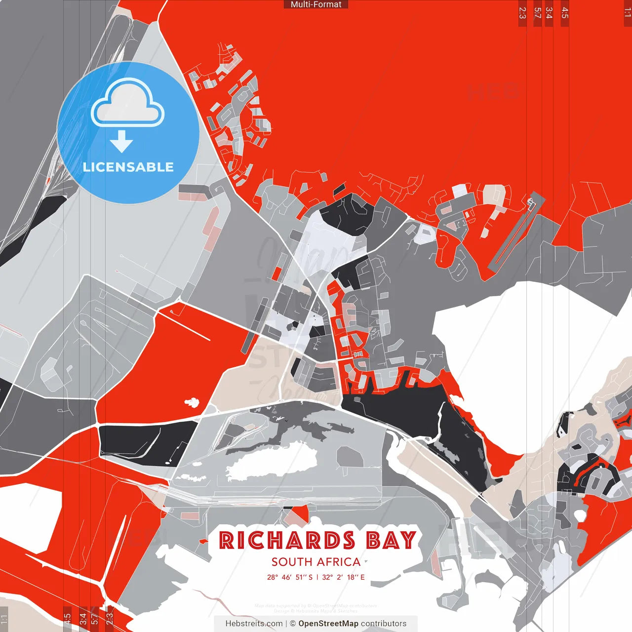 Richards Bay, South Africa - modern street map poster template with gray and red tones
