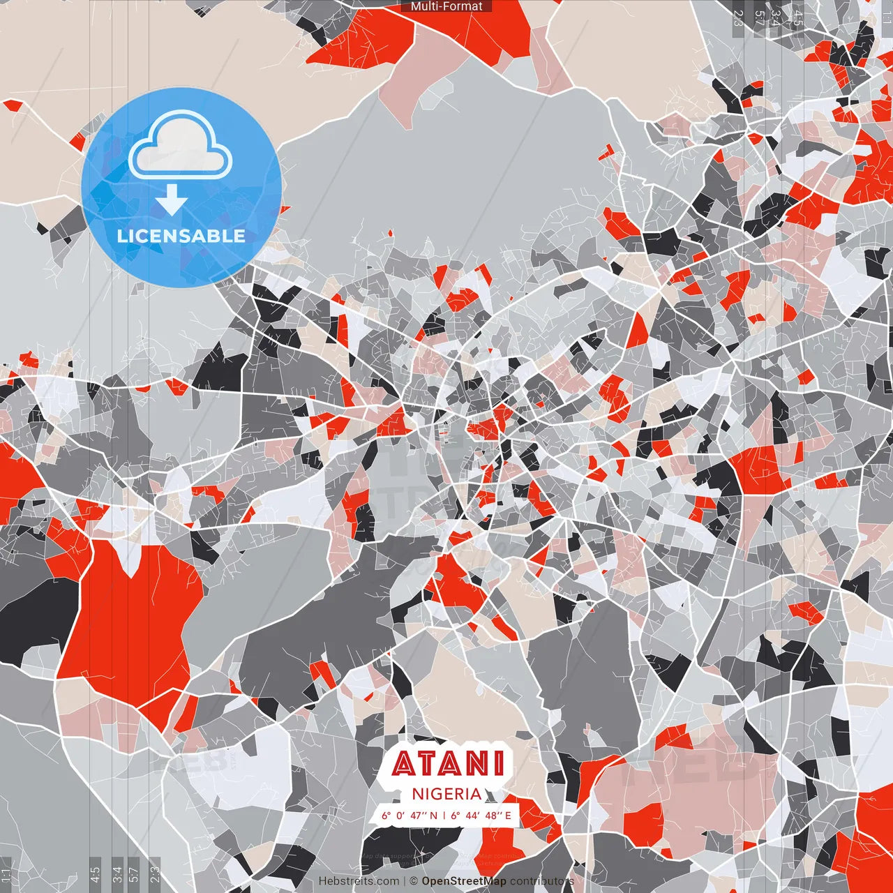 Atani, Nigeria - modern street map poster template with gray and red tones
