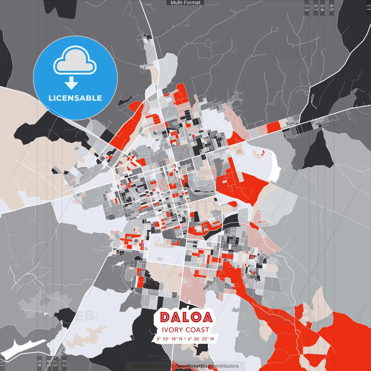 Daloa, Ivory Coast - modern street map poster template with gray and red tones