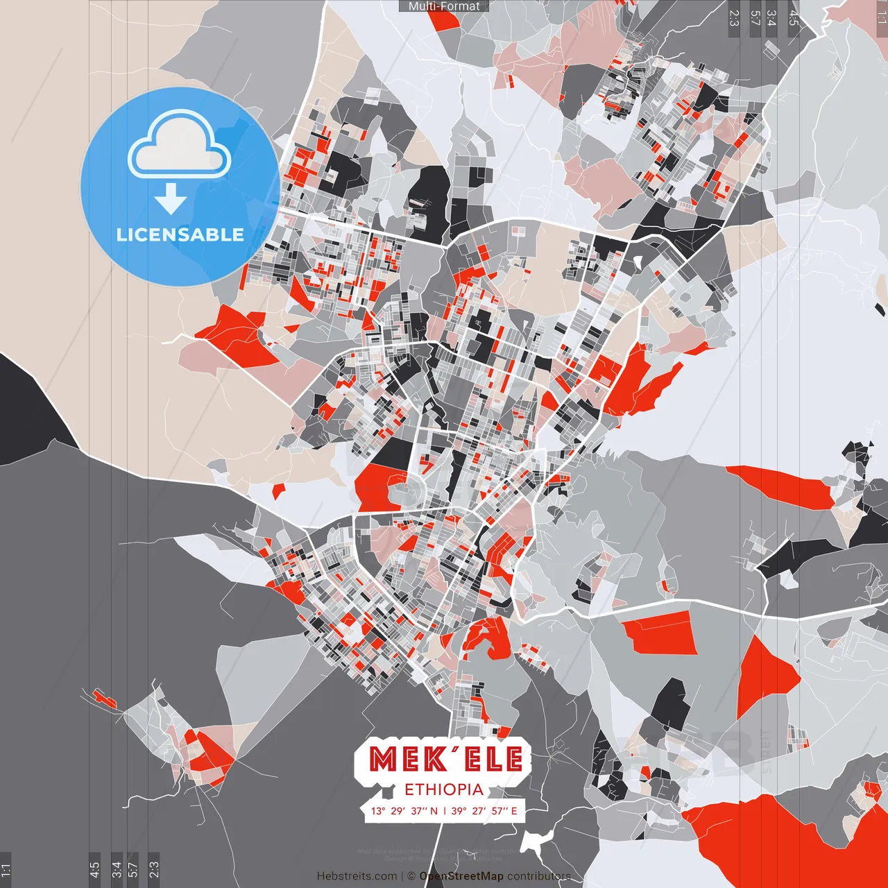 Mek´ele, Ethiopia - modern street map poster template with gray and red tones