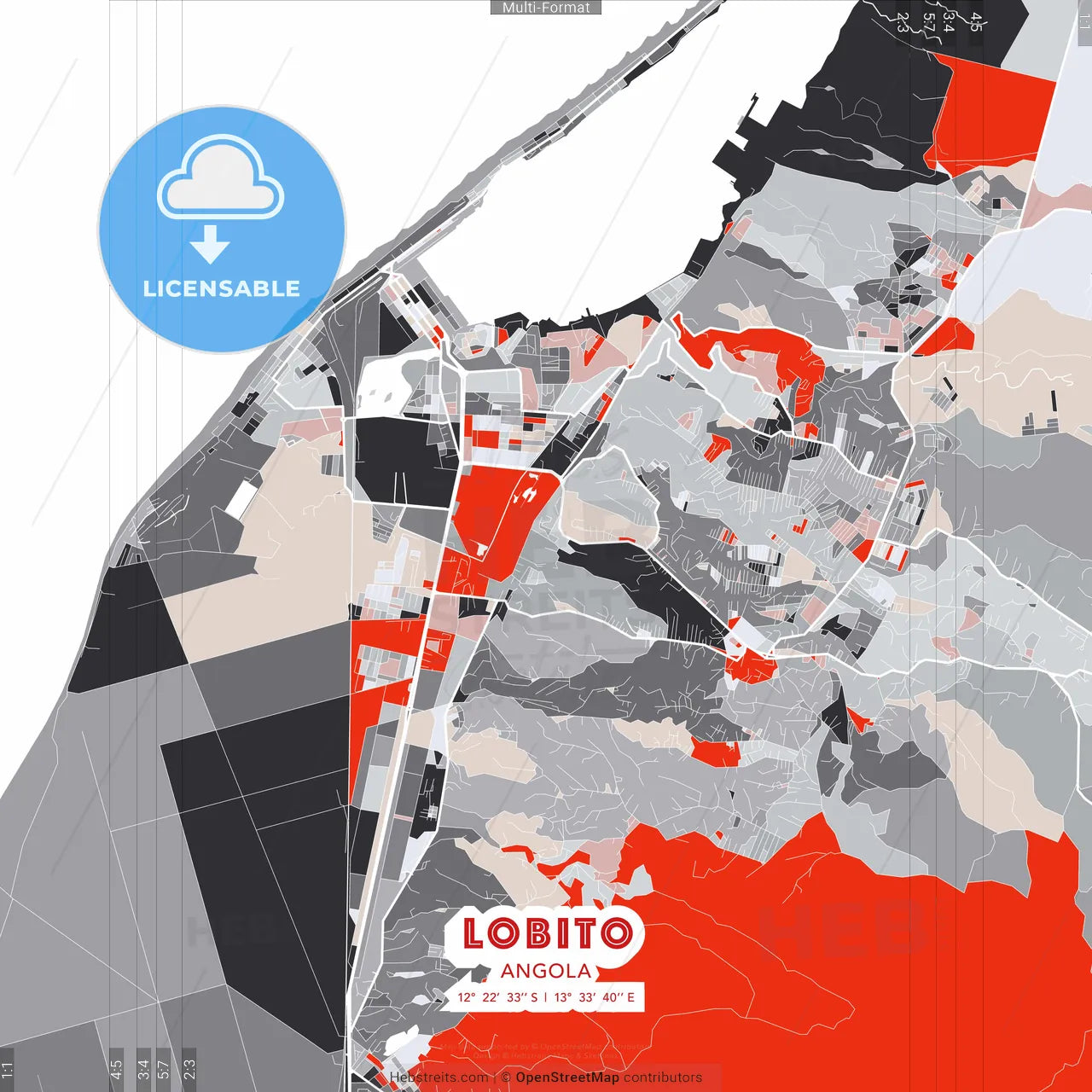 Lobito, Angola - modern street map poster template with gray and red tones