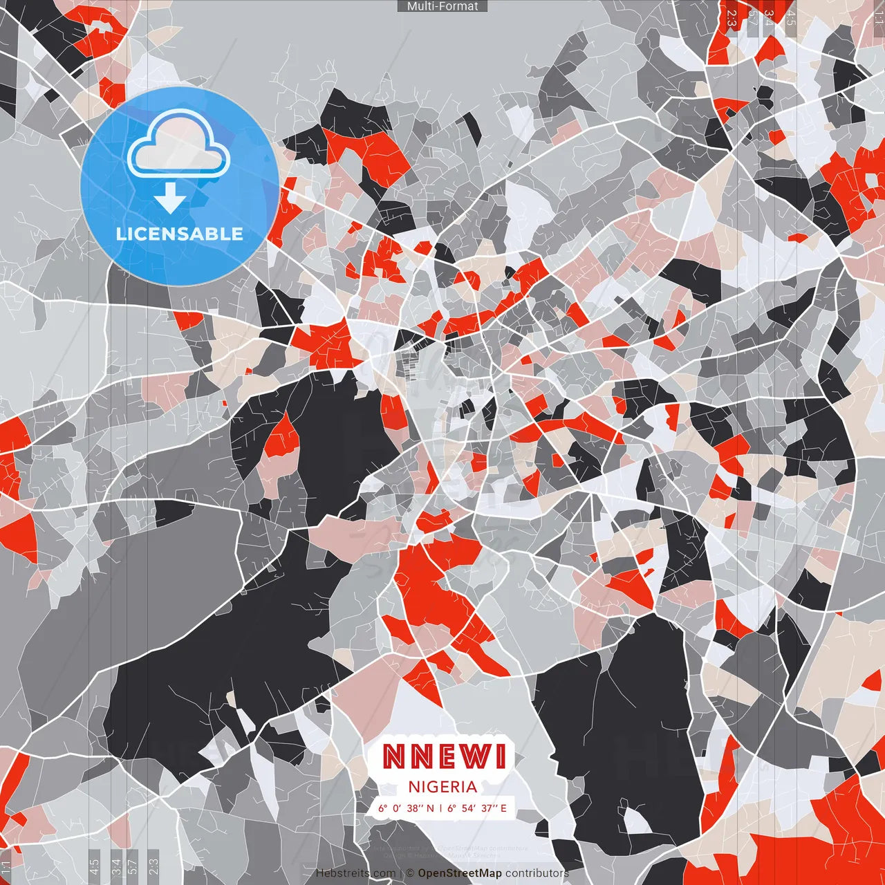 Nnewi, Nigeria - modern street map poster template with gray and red tones