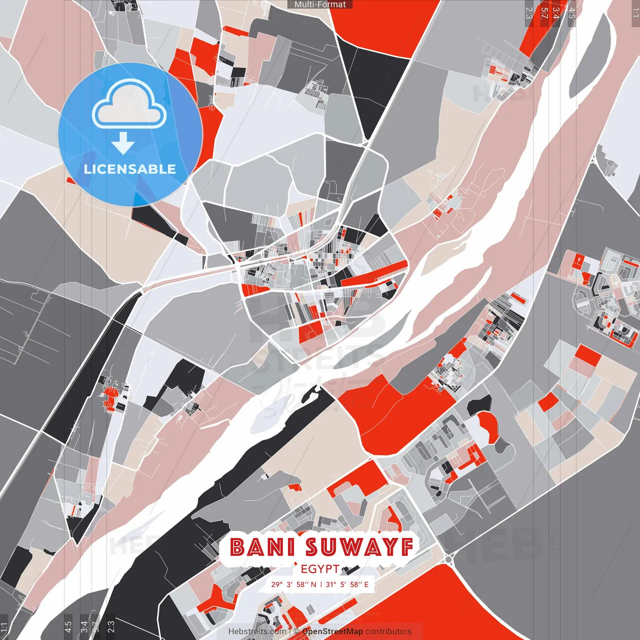 Bani Suwayf, Egypt - modern street map poster template with gray and red tones