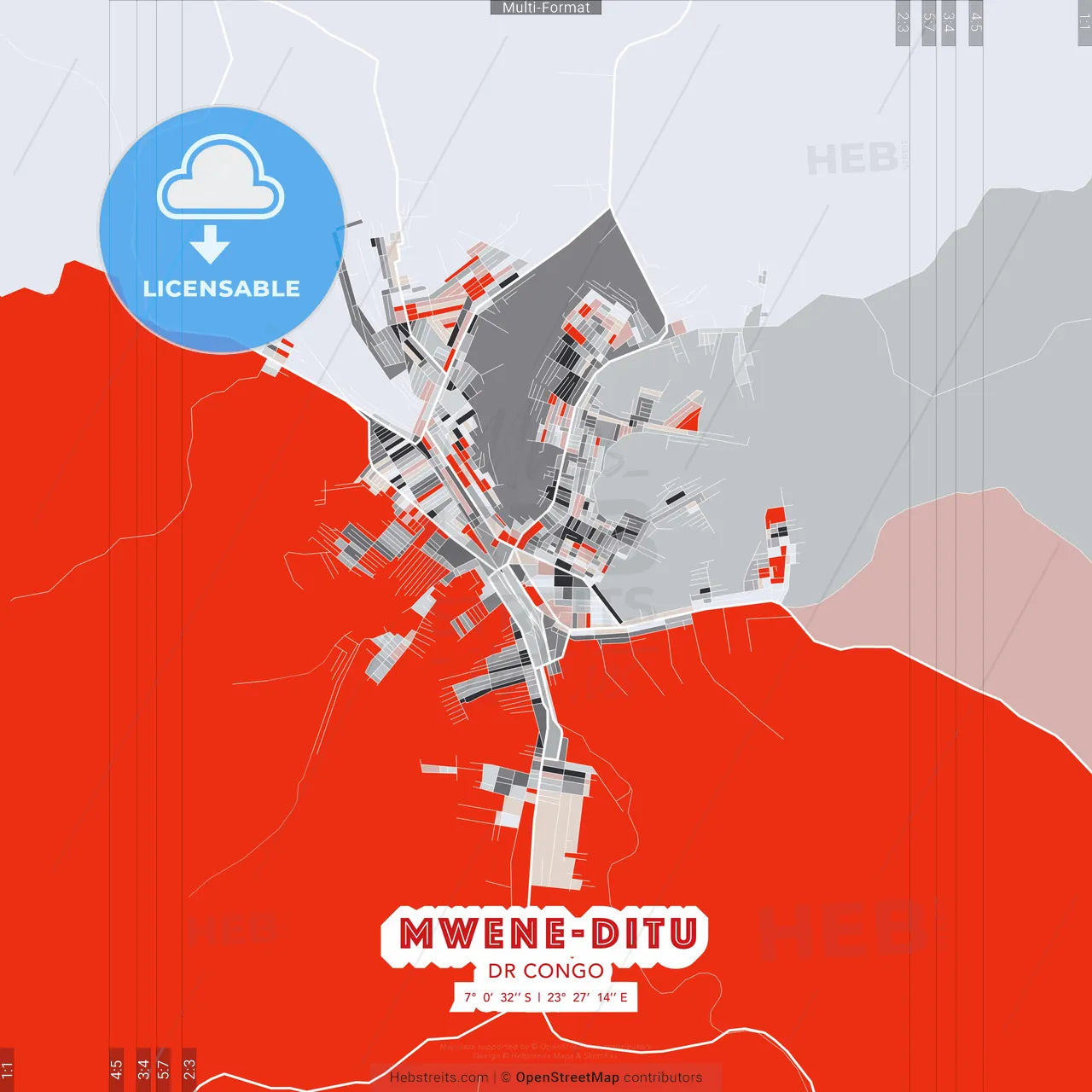 Mwene-Ditu, DR Congo - modern street map poster template with gray and red tones