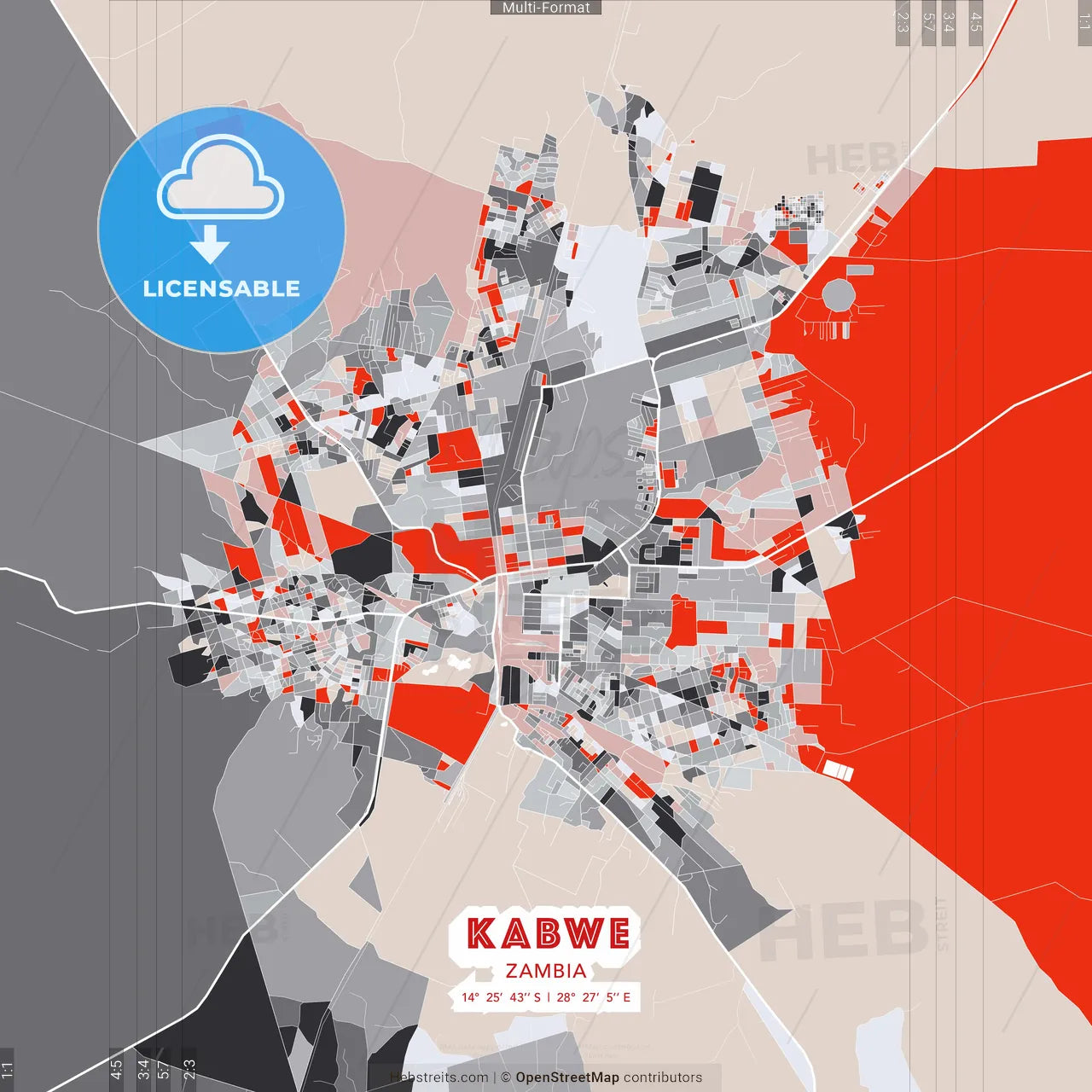 Kabwe, Zambia - modern street map poster template with gray and red tones