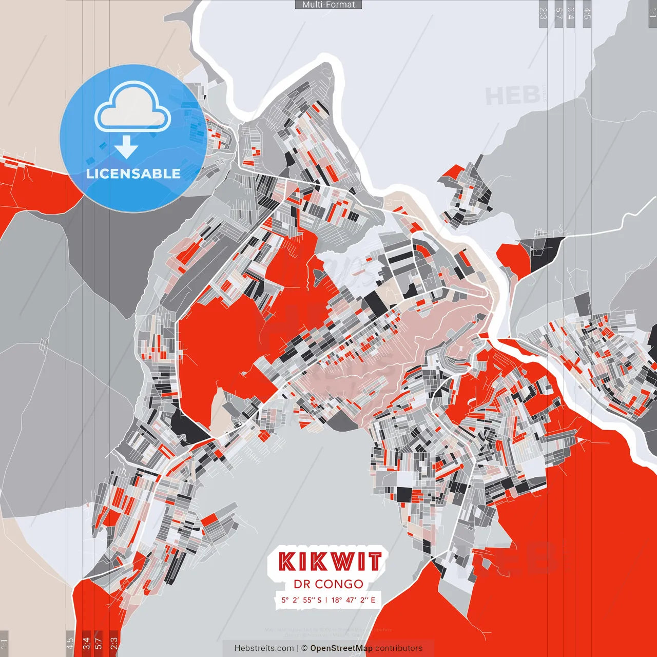 Kikwit, DR Congo - modern street map poster template with gray and red tones