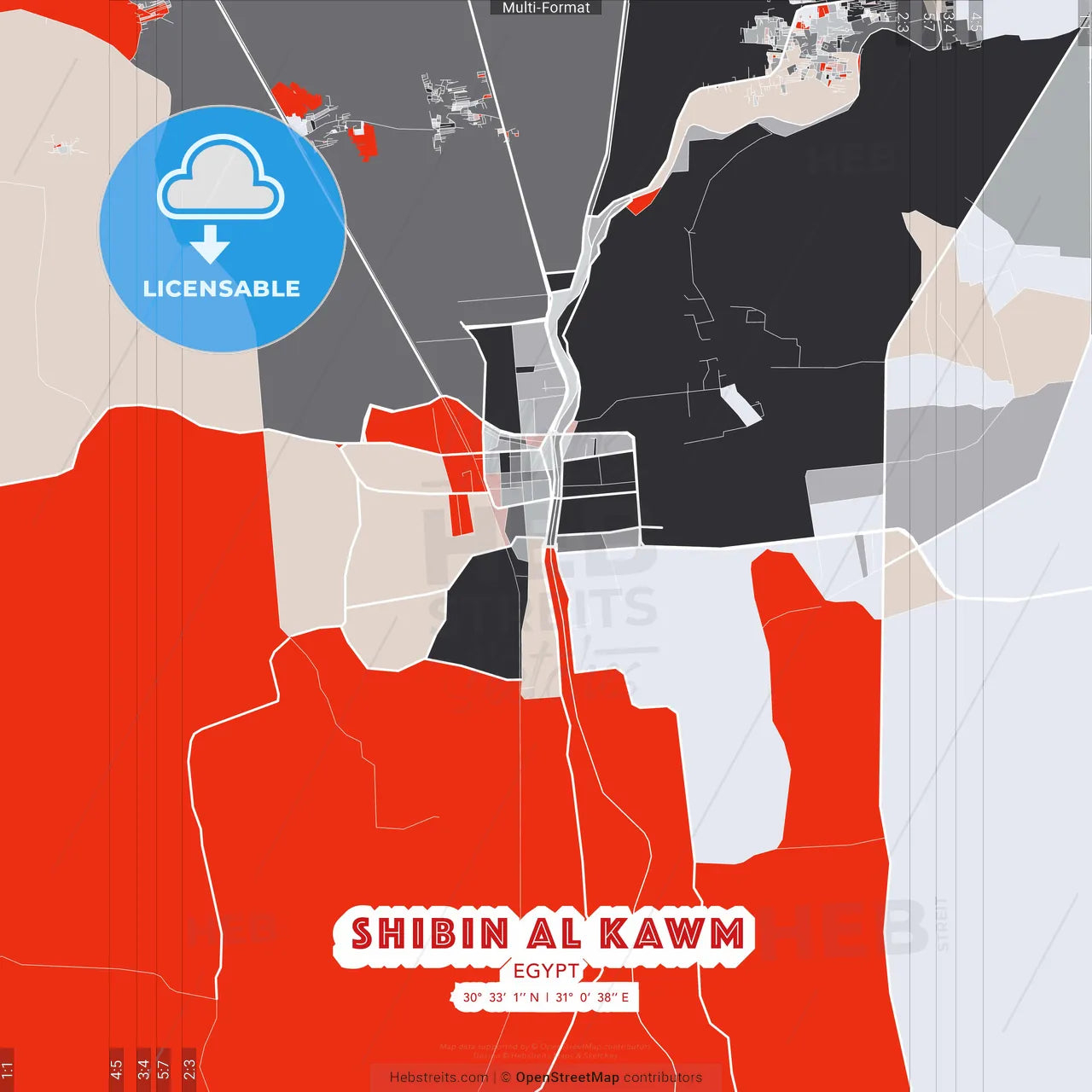 Shibin al Kawm, Egypt - modern street map poster template with gray and red tones