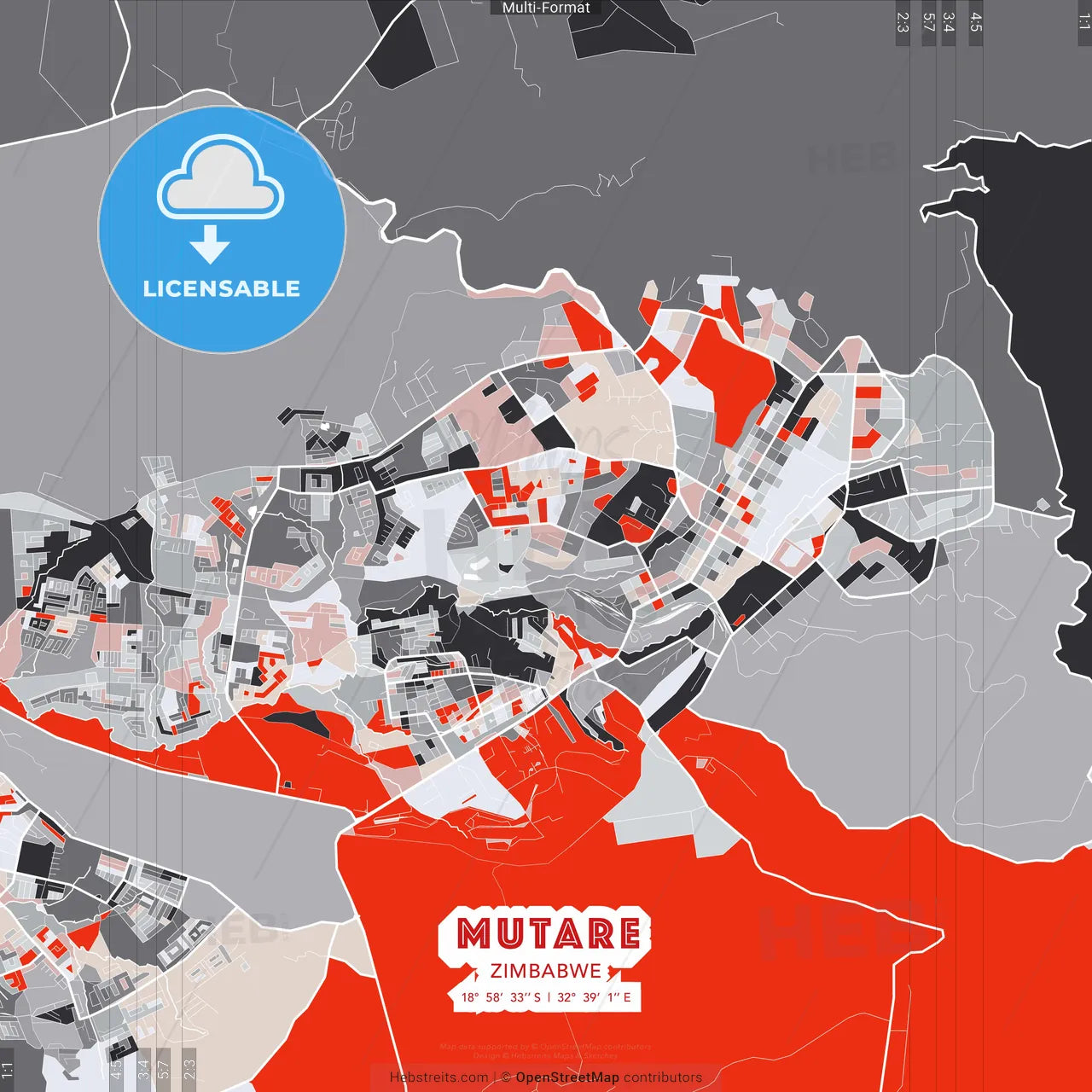 Mutare, Zimbabwe - modern street map poster template with gray and red tones