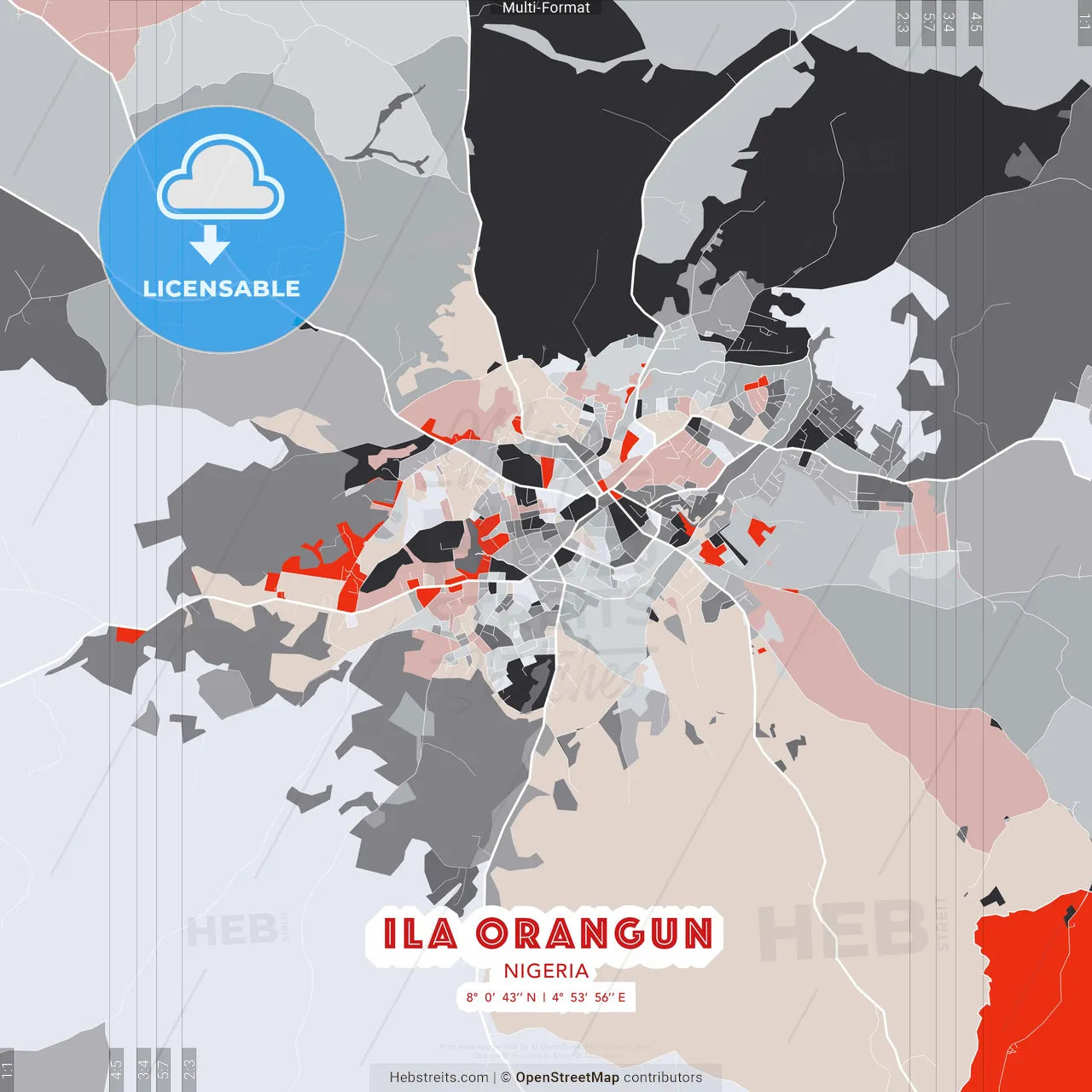 Ila Orangun, Nigeria - modern street map poster template with gray and red tones