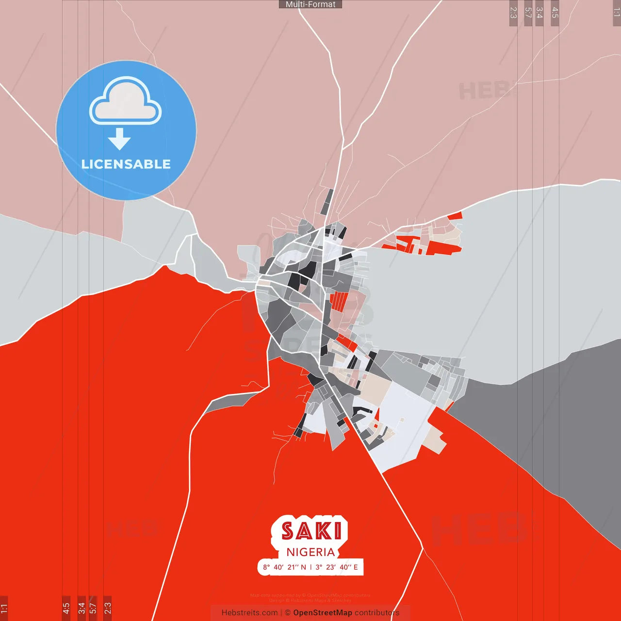 Saki, Nigeria - modern street map poster template with gray and red tones