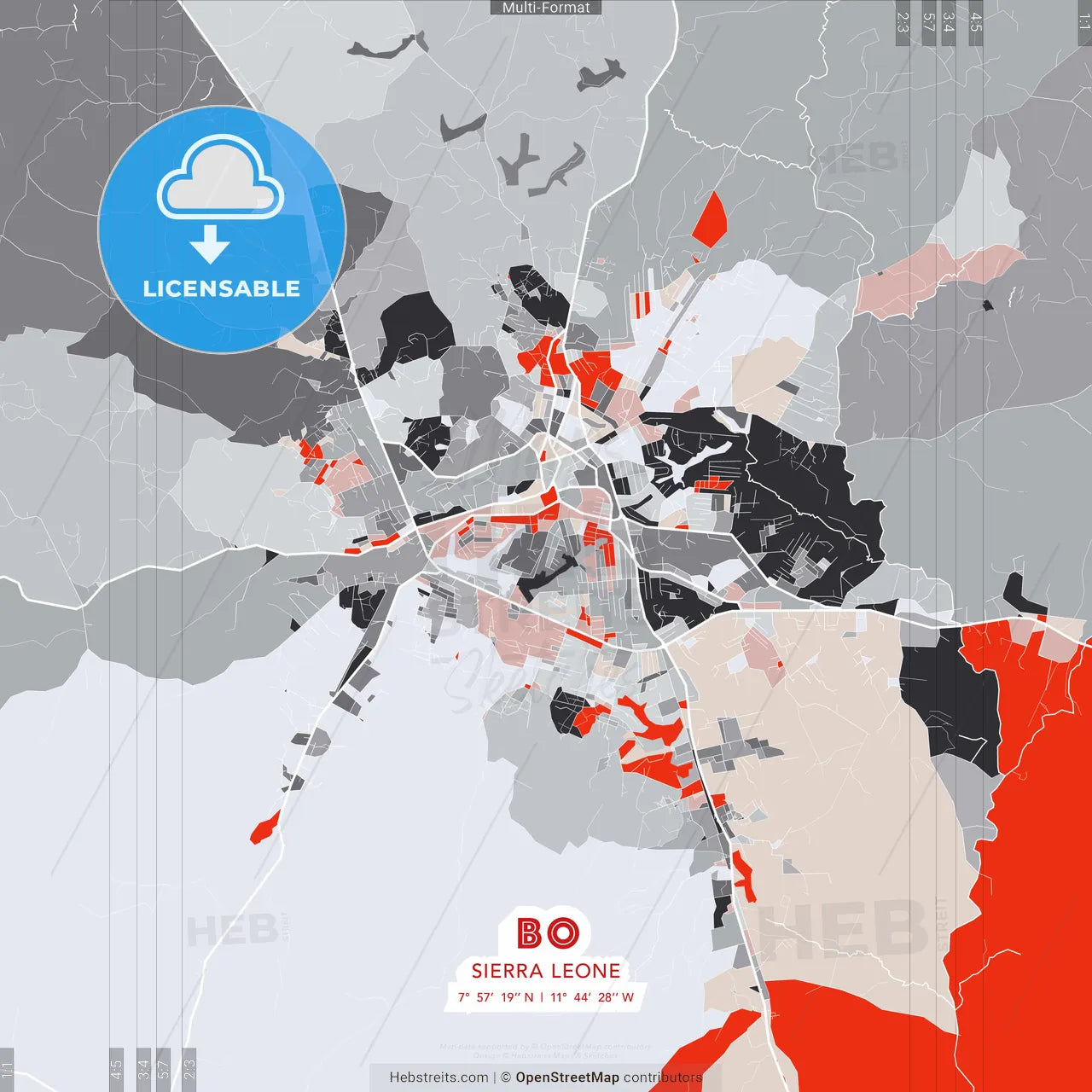 Bo, Sierra Leone - modern street map poster template with gray and red tones