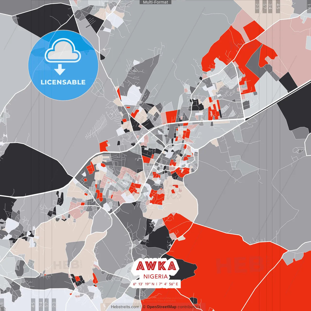 Awka, Nigeria - modern street map poster template with gray and red tones