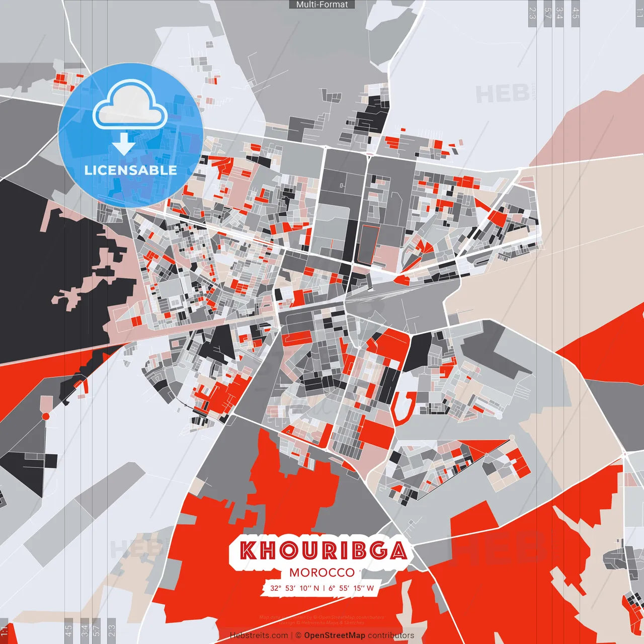 Khouribga, Morocco - modern street map poster template with gray and red tones