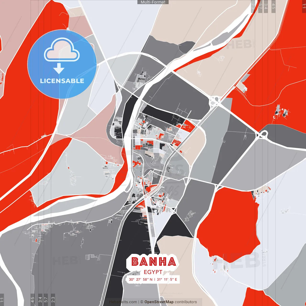 Banha, Egypt - modern street map poster template with gray and red tones