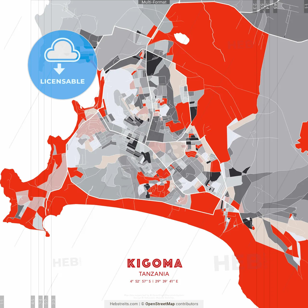 Kigoma, Tanzania - modern street map poster template with gray and red tones