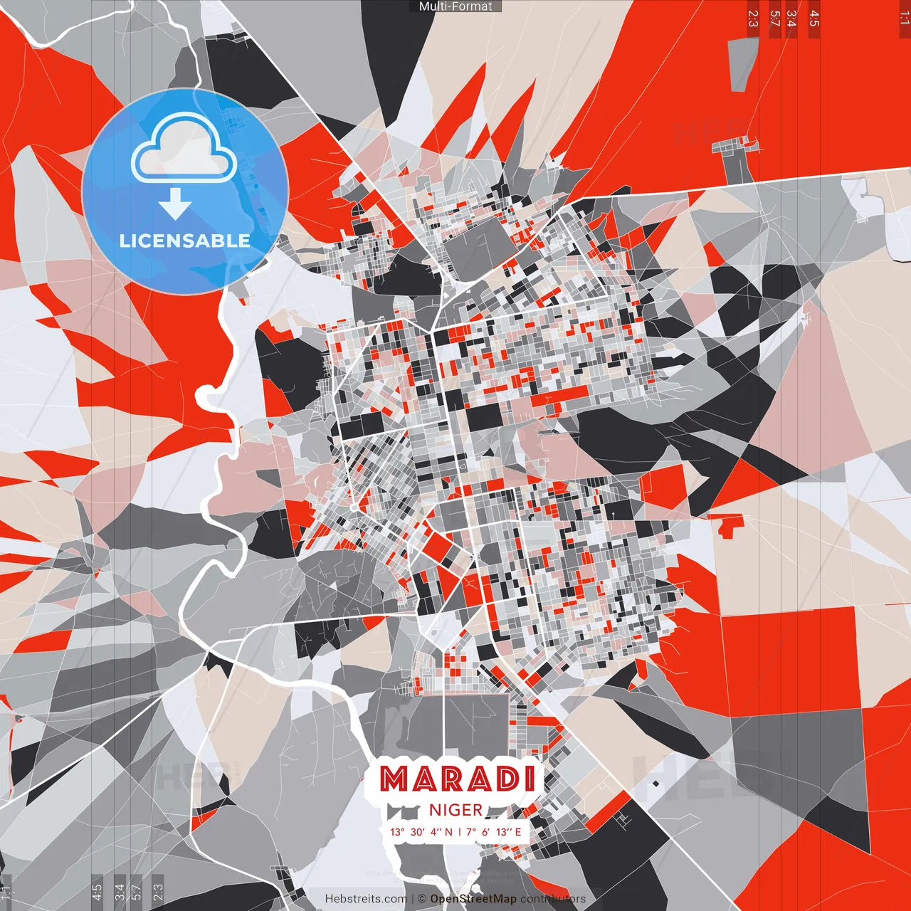 Maradi, Niger - modern street map poster template with gray and red tones