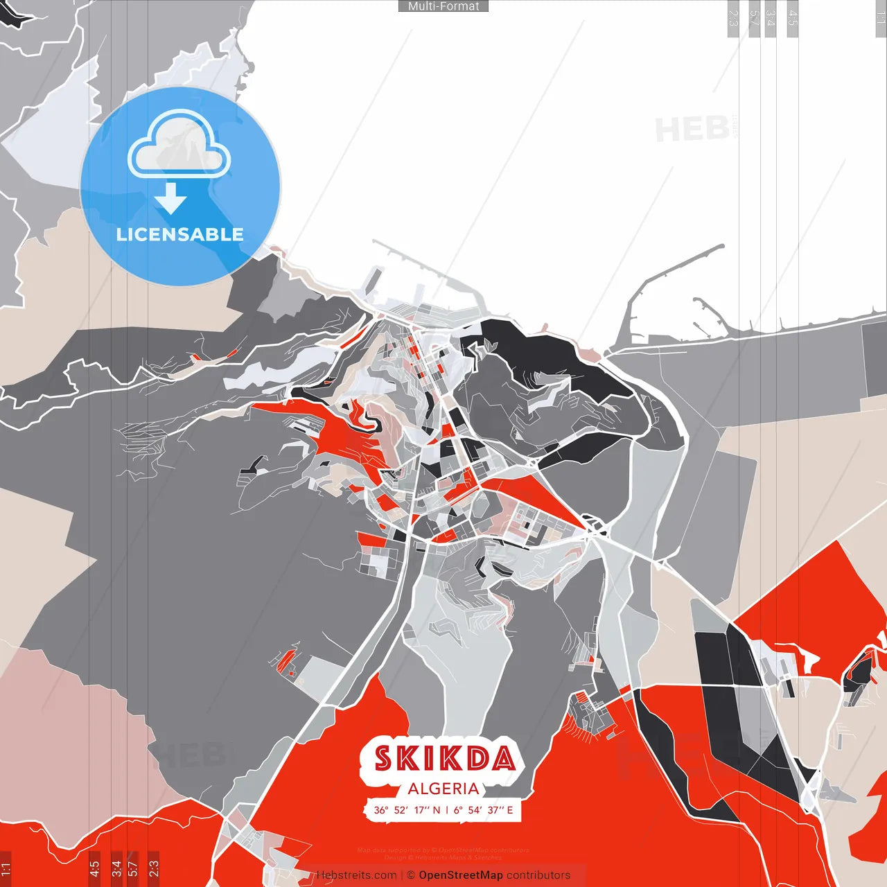Skikda, Algeria - modern street map poster template with gray and red tones