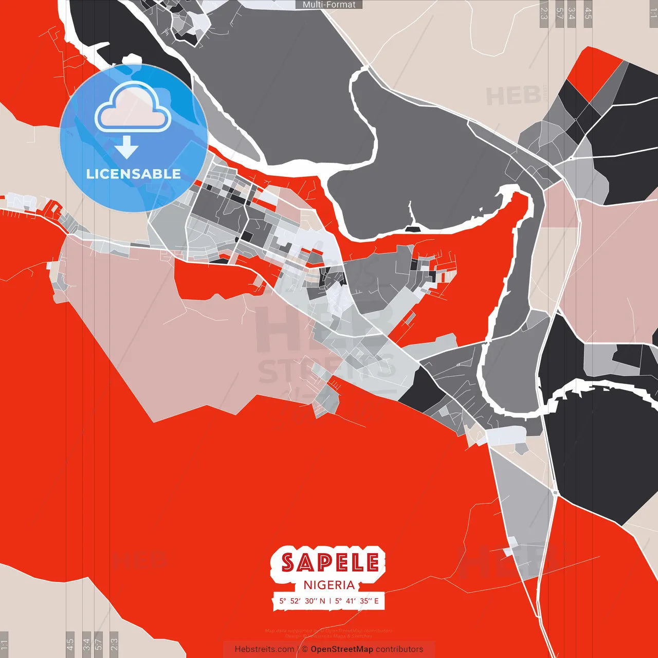Sapele, Nigeria - modern street map poster template with gray and red tones