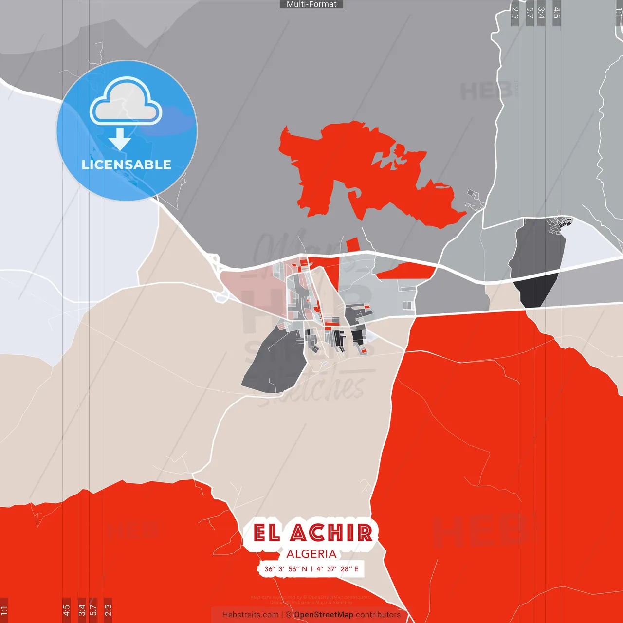 El Achir, Algeria - modern street map poster template with gray and red tones