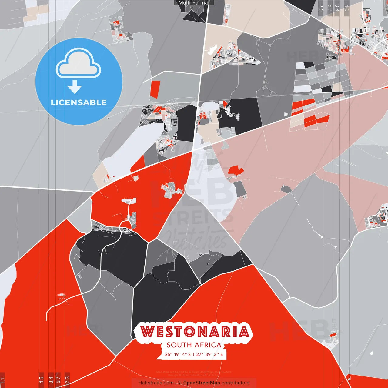Westonaria, South Africa - modern street map poster template with gray and red tones