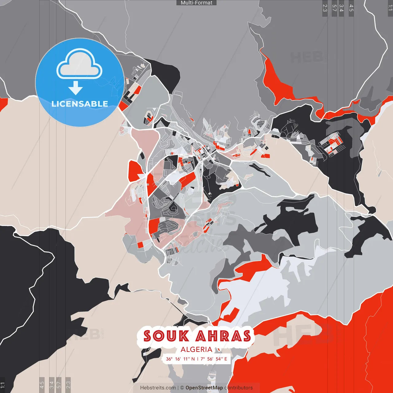 Souk Ahras, Algeria - modern street map poster template with gray and red tones