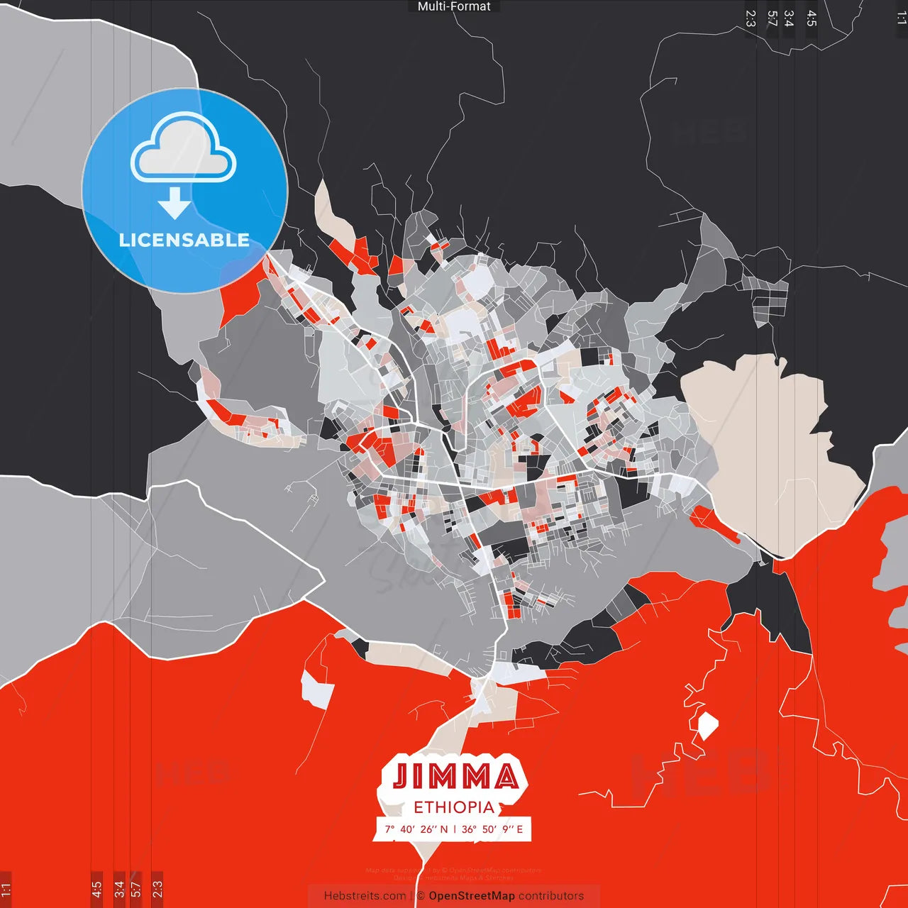 Jimma, Ethiopia - modern street map poster template with gray and red tones