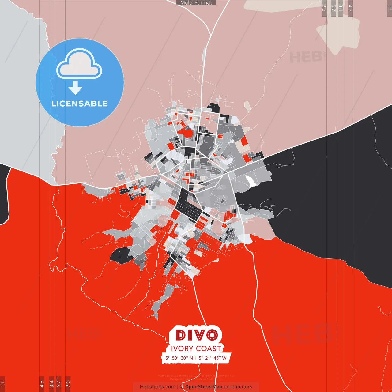 Divo, Ivory Coast - modern street map poster template with gray and red tones