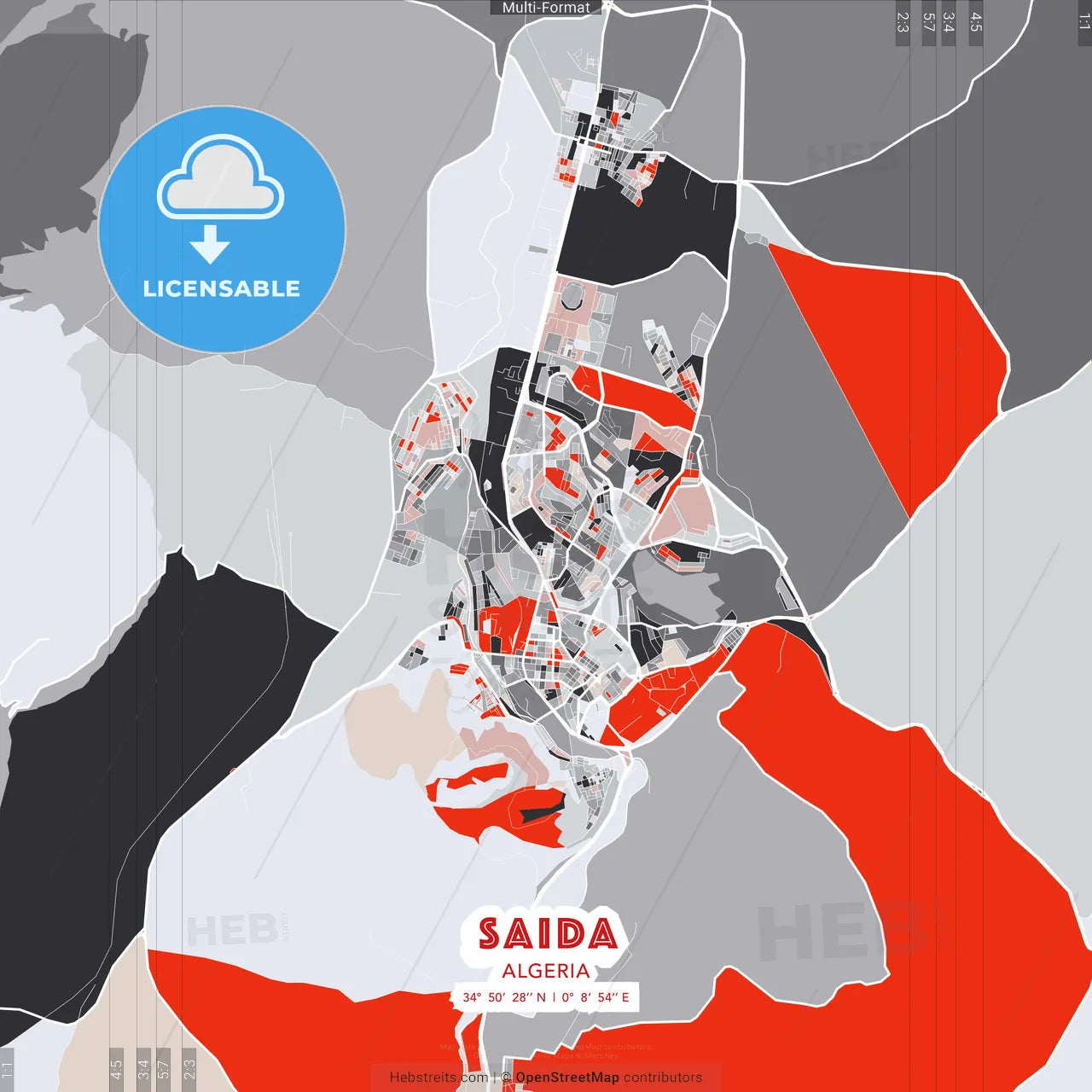 Saida, Algeria - modern street map poster template with gray and red tones