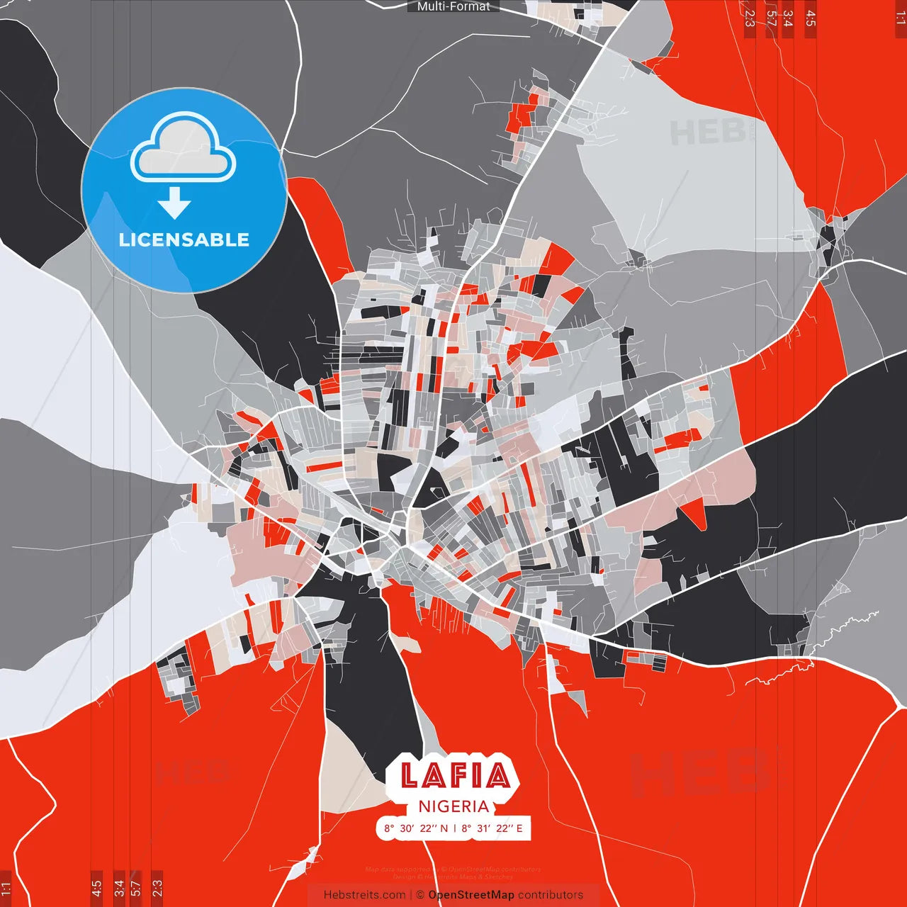 Lafia, Nigeria - modern street map poster template with gray and red tones