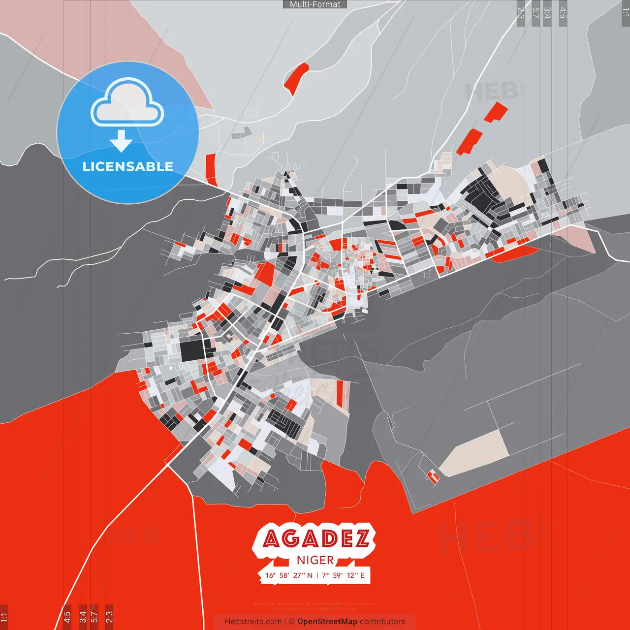 Agadez, Niger - modern street map poster template with gray and red tones