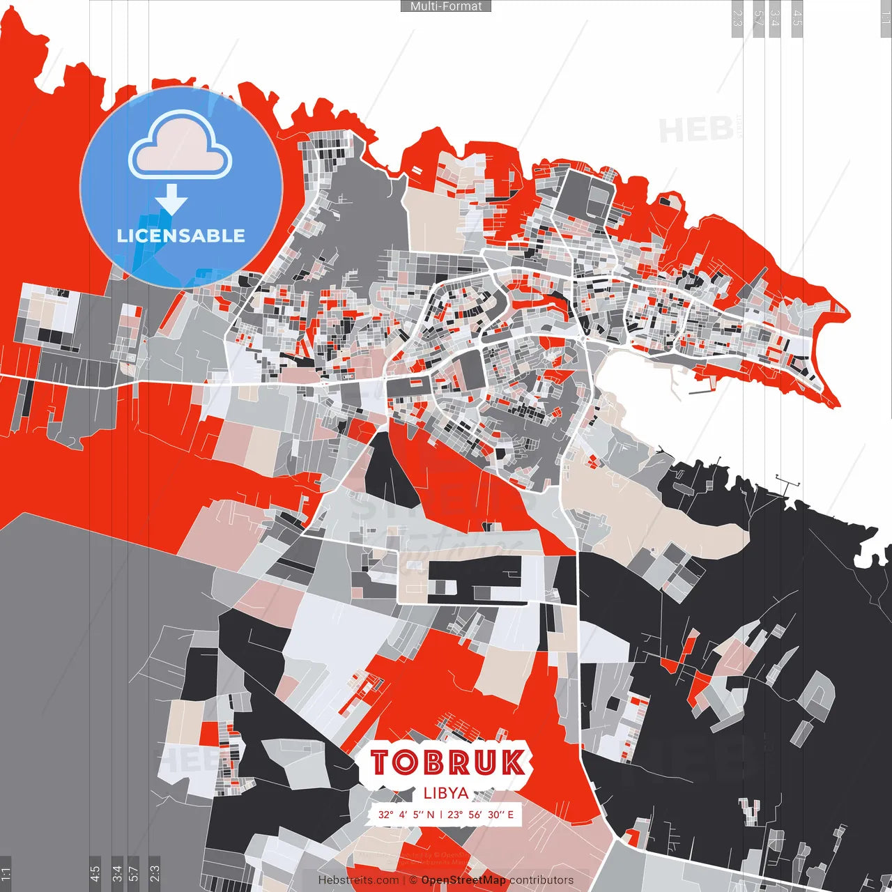 Tobruk, Libya - modern street map poster template with gray and red tones