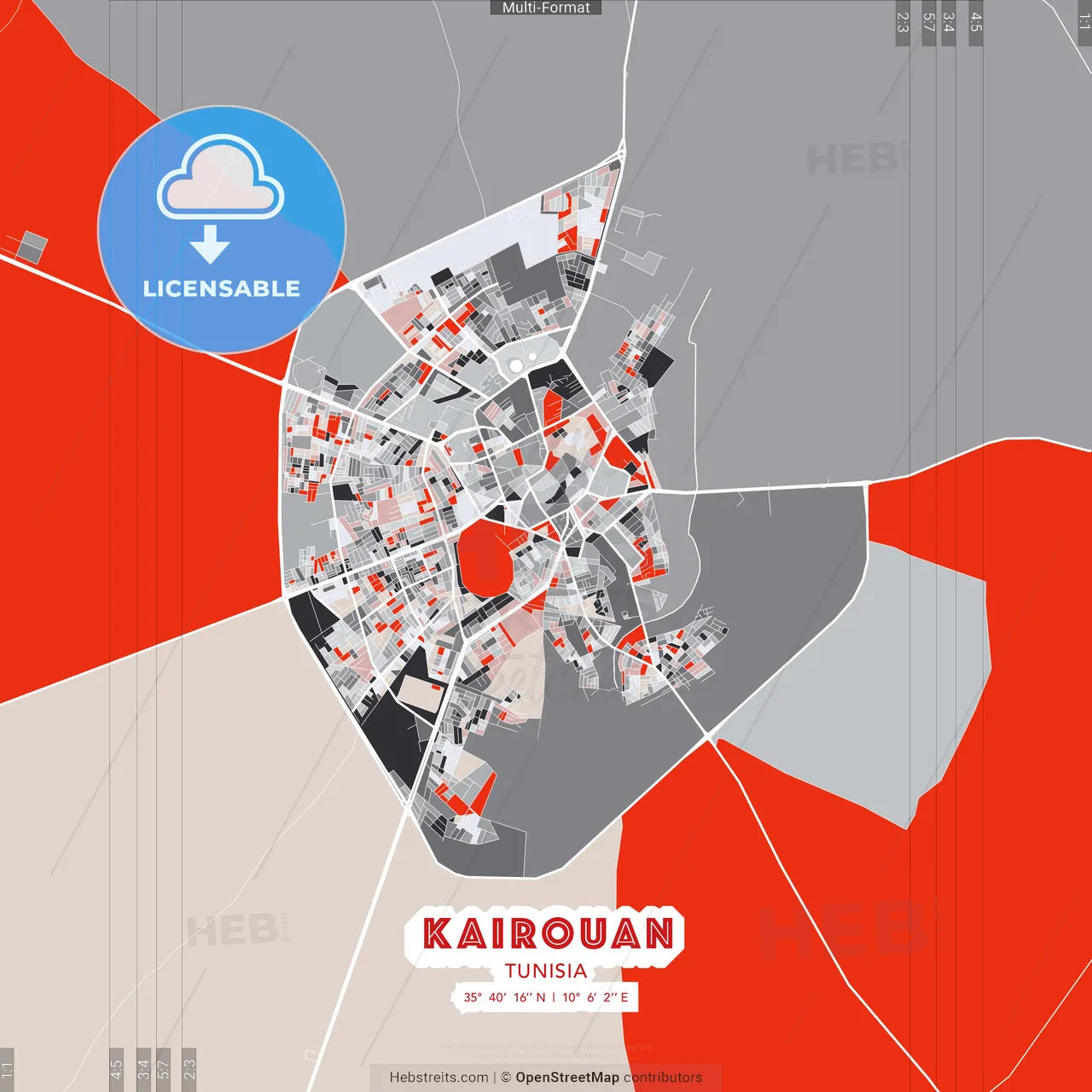 Kairouan, Tunisia - modern street map poster template with gray and red tones