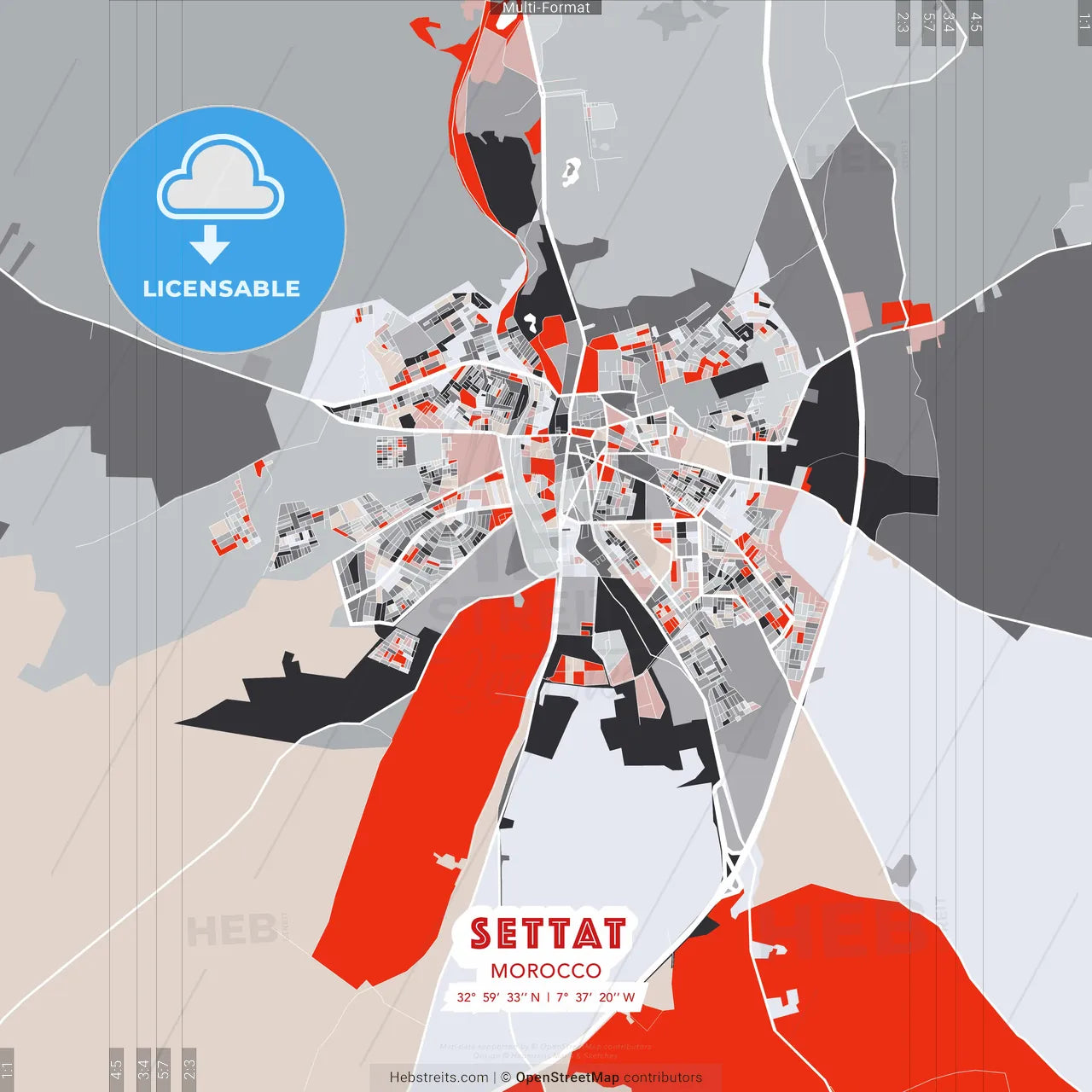 Settat, Morocco - modern street map poster template with gray and red tones