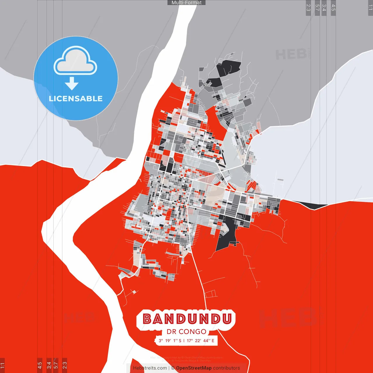 Bandundu, DR Congo - modern street map poster template with gray and red tones