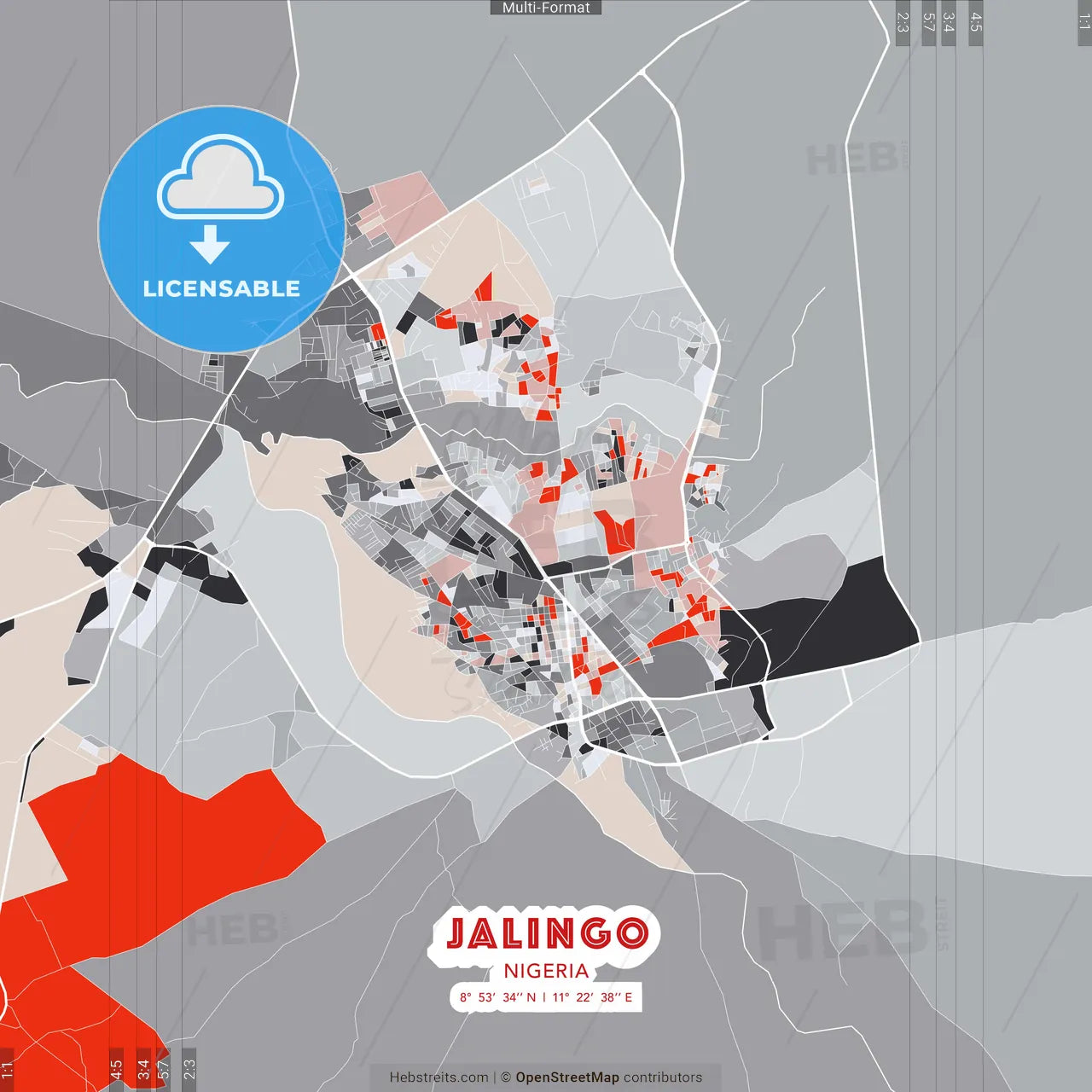 Jalingo, Nigeria - modern street map poster template with gray and red tones