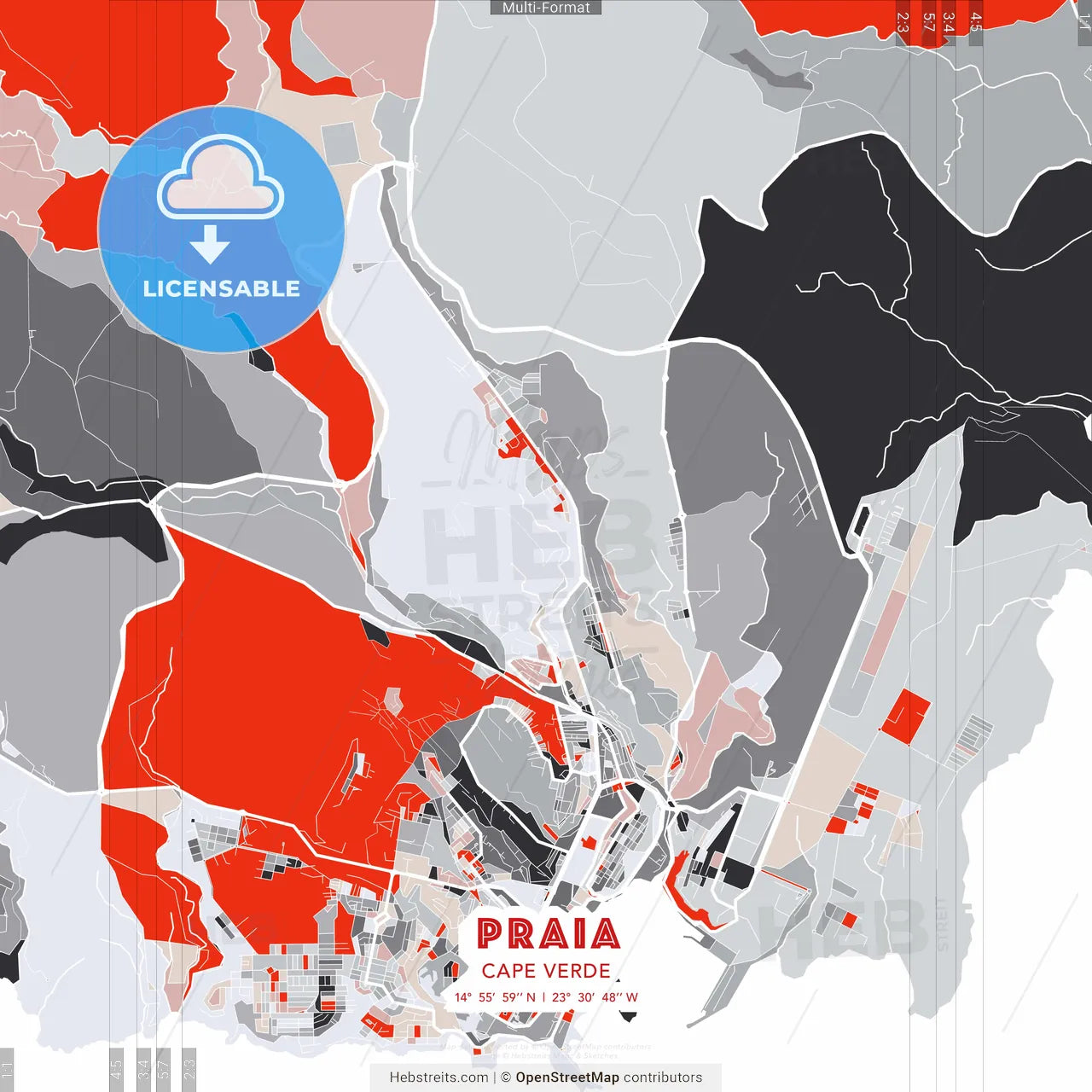 Praia, Cape Verde - modern street map poster template with gray and red tones