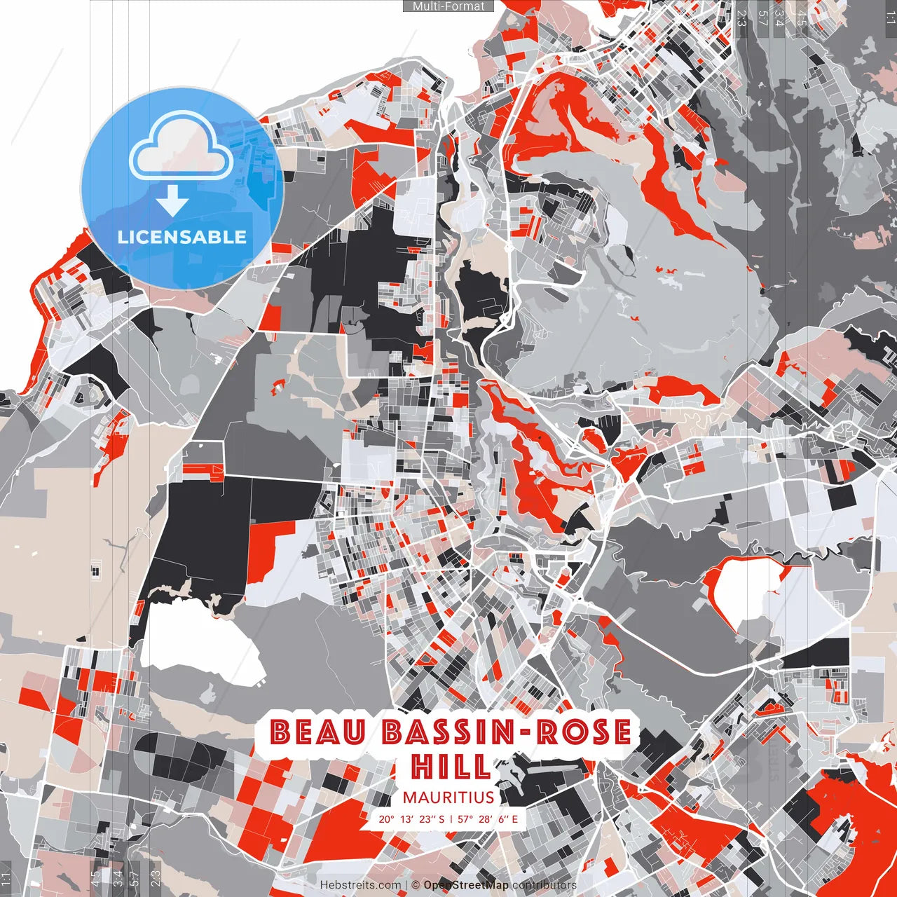 Beau Bassin-Rose Hill, Mauritius - modern street map poster template with gray and red tones