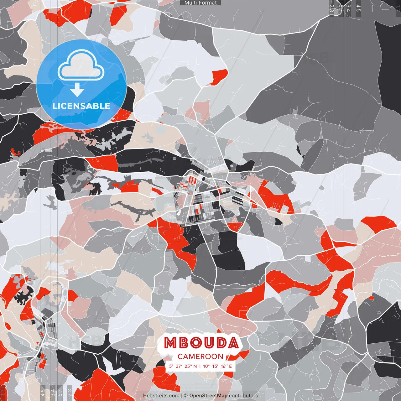 Mbouda, Cameroon - modern street map poster template with gray and red tones