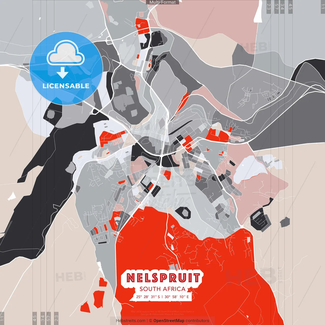 Nelspruit, South Africa - modern street map poster template with gray and red tones