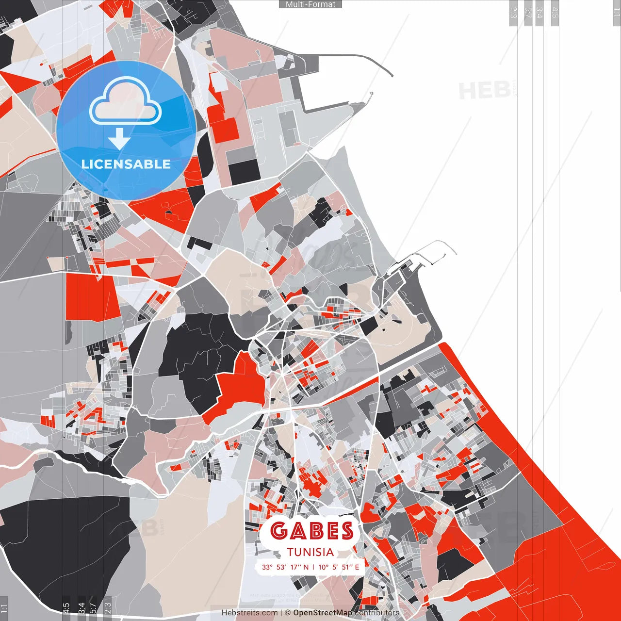 Gabes, Tunisia - modern street map poster template with gray and red tones
