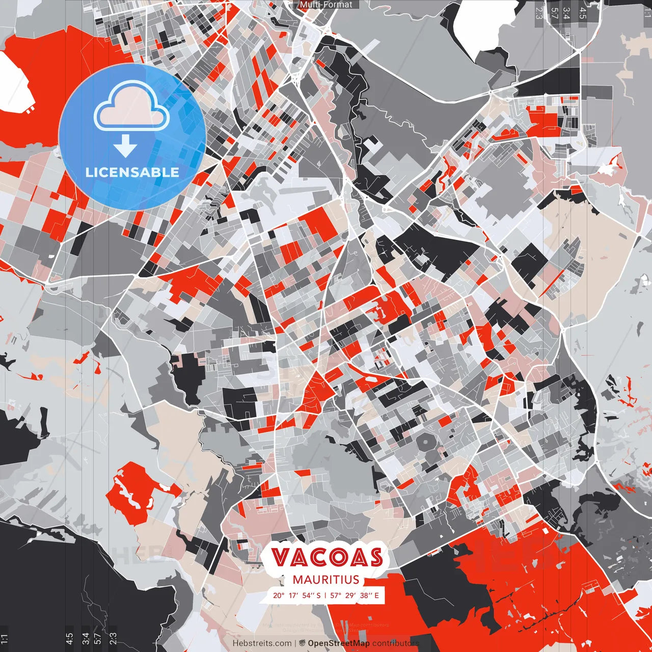 Vacoas, Mauritius - modern street map poster template with gray and red tones