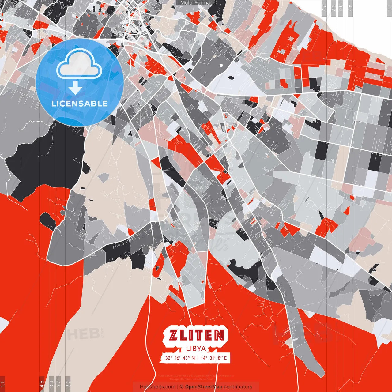 Zliten, Libya - modern street map poster template with gray and red tones