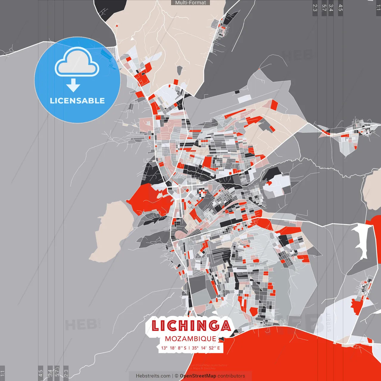 Lichinga, Mozambique - modern street map poster template with gray and red tones