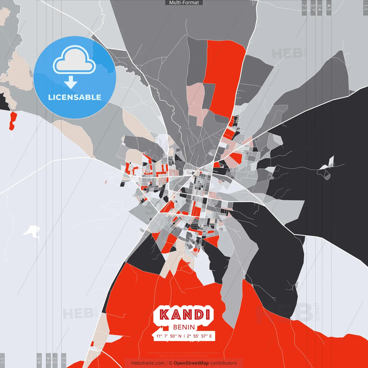 Kandi, Benin - modern street map poster template with gray and red tones